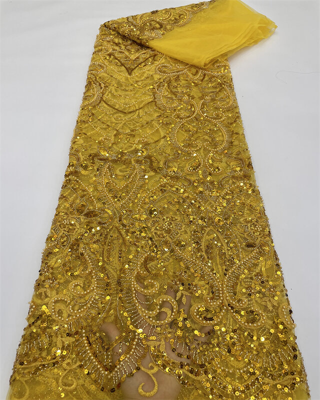 Manik-manik Prancis mewah kain renda payet Afrika kualitas tinggi bordir manik-manik berat renda Tulle Prancis untuk gaun pernikahan Nigeria