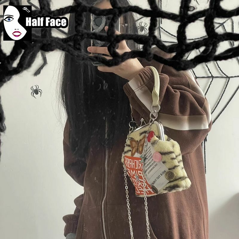 Y2K Girls Harajuku Women’s Gothic Handbag Punk One Shoulder Advanced Lolita Mini Vintage Patch Cute Fur Clip Crossbody Bags Tote