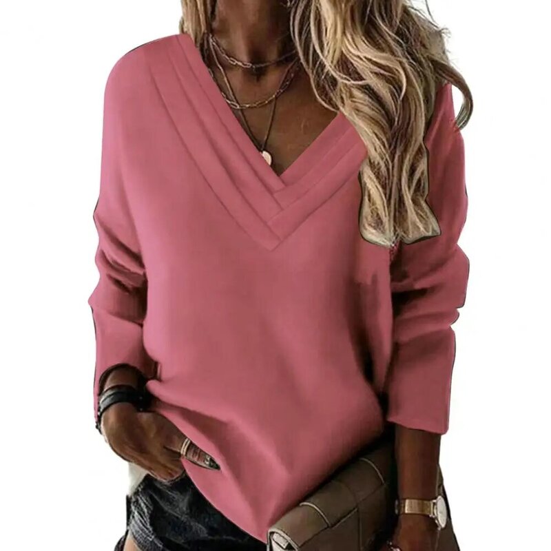 Women Fall Winter Top Multi-layered V Neck Solid Color Warm Long Sleeve Soft Sweatshirt Loose Pullover Casual Lady Blouse Top