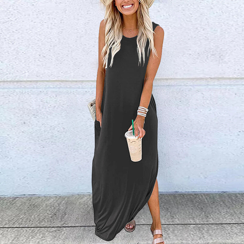 New summer casual fashion women's dress loose casual solid color vintage round neck sleeveless vest skirt