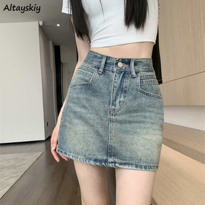 Женская джинсовая мини-юбка с высокой талией, отбеленная винтажная модная трапециевидная юбка в Корейском стиле, в стиле ретро, Y2k, лето