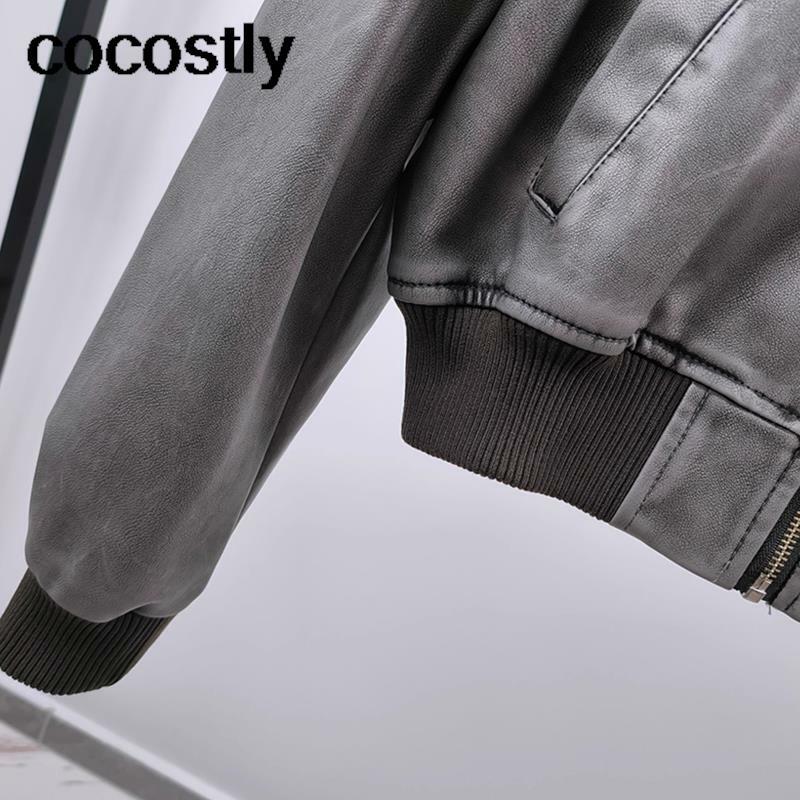 Cocostly 2023 Autumn Vintage Distress Faux Leather Zip Pocket Crop Bomber Jackets Female Pu Street Short Baseball Coats Outwear