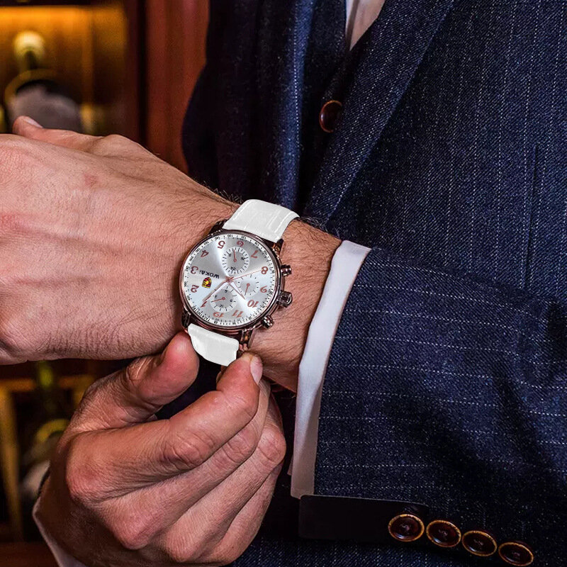 Relógio de quartzo de couro WOKAI para homens, relógios de pulso esportivos brancos, moda casual, baixo preço