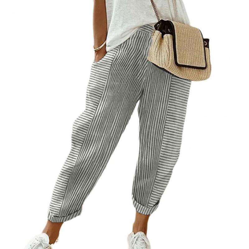 Calças de harém estampa listrada feminina com bolsos, calças lisonjeiras em forma de perna, cordão elegante para escritório