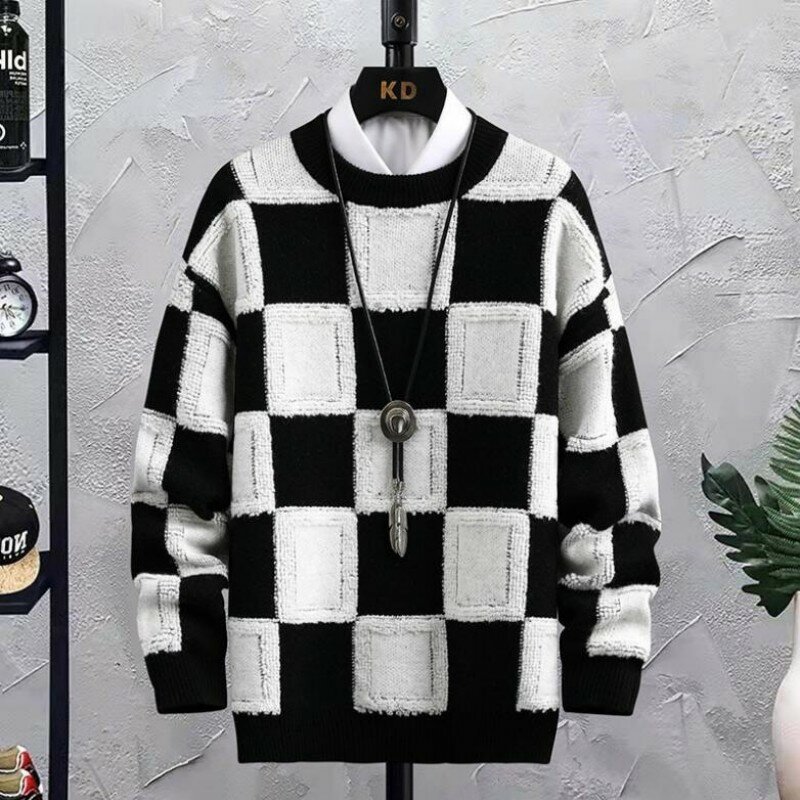 New Fall Winter Korean Style Mens Pullovers Sweaters High Quality Thick Warm Cashmere Sweater Men Luxury Plaid Pull Sweaters