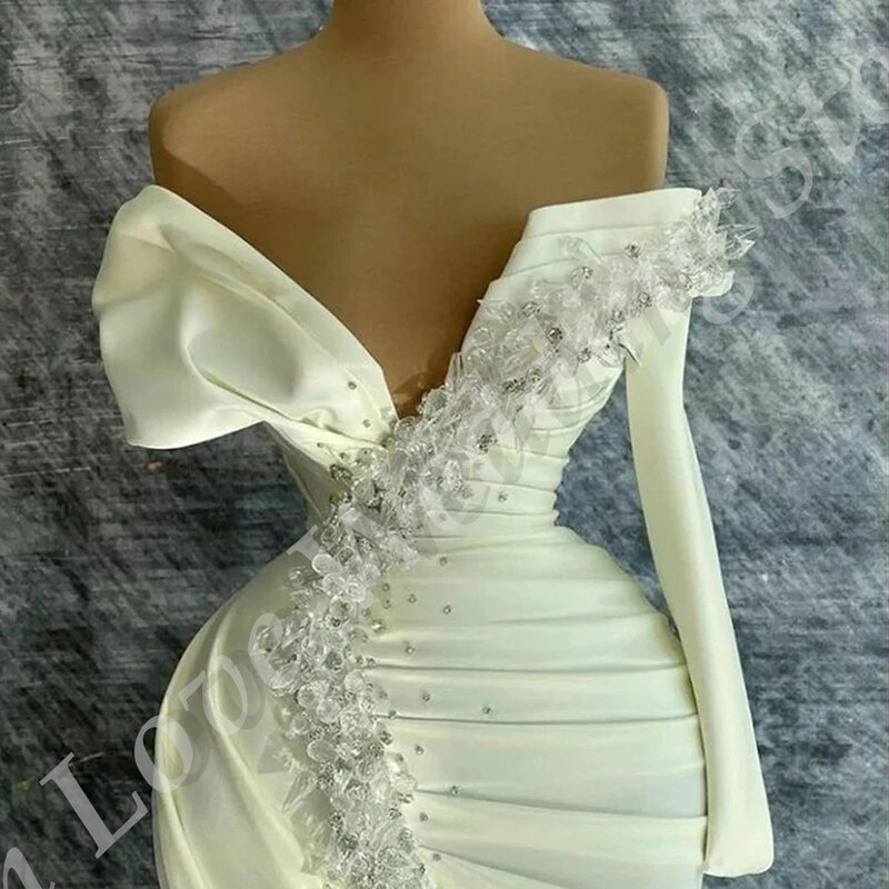 Gaun pengantin wanita kerah V, gaun pesta pernikahan elegan satu bahu leher V, gaun pengantin panjang lantai, gaun ekor putri duyung bermanik-manik untuk wanita