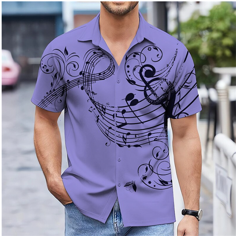 Camisa masculina com notas musicais, Camisa extragrande, Manga curta, Top macio, Azul, Exterior, Rua, Estilista, Casual, Novo, 2024