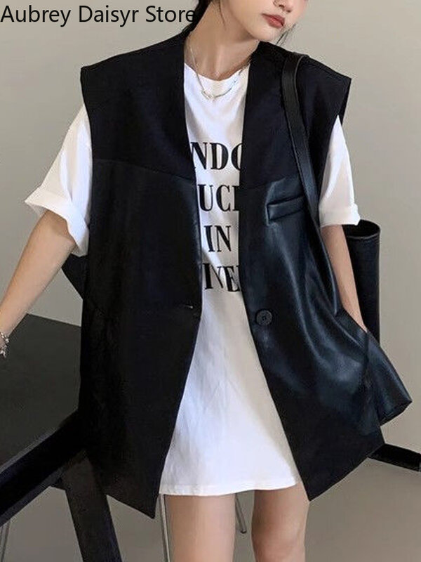 Jaqueta de couro PU sem mangas preta feminina, streetwear coreana, patchwork, punk, solta, High Street, verão