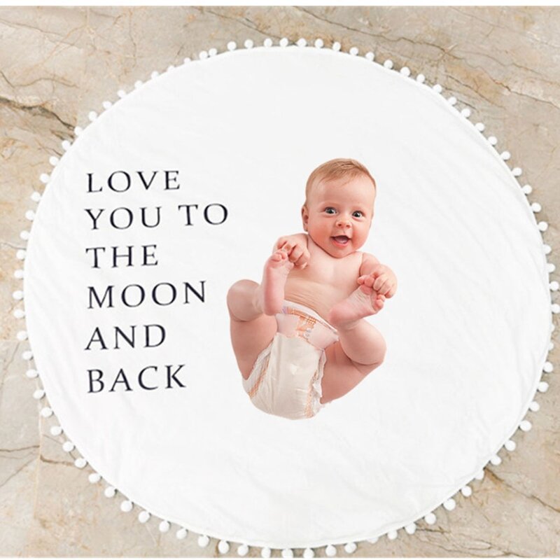 Tapis jeu en coton pour bébé, couverture rampante pour enfants, grand tapis rond 43.3 pouces avec boule Pom Pom, décor