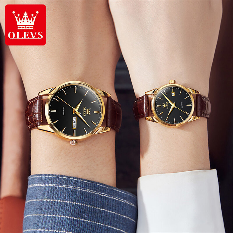 OLEVS-reloj de cuarzo para amantes de la moda para hombres y mujeres, correa de cuero de lujo, resistente al agua, luminoso, semana, fecha, relojes para parejas, nuevo