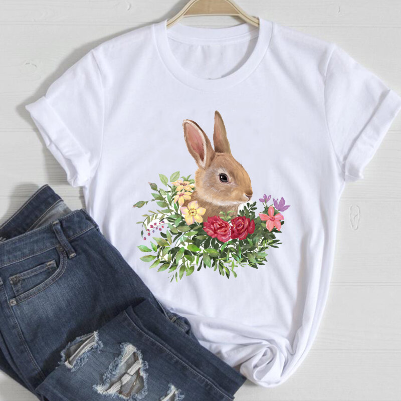 女性のためのウサギの花柄のTシャツ,90年代のファッション,エレガントな服,女性のファッション,女性のプリントTシャツ