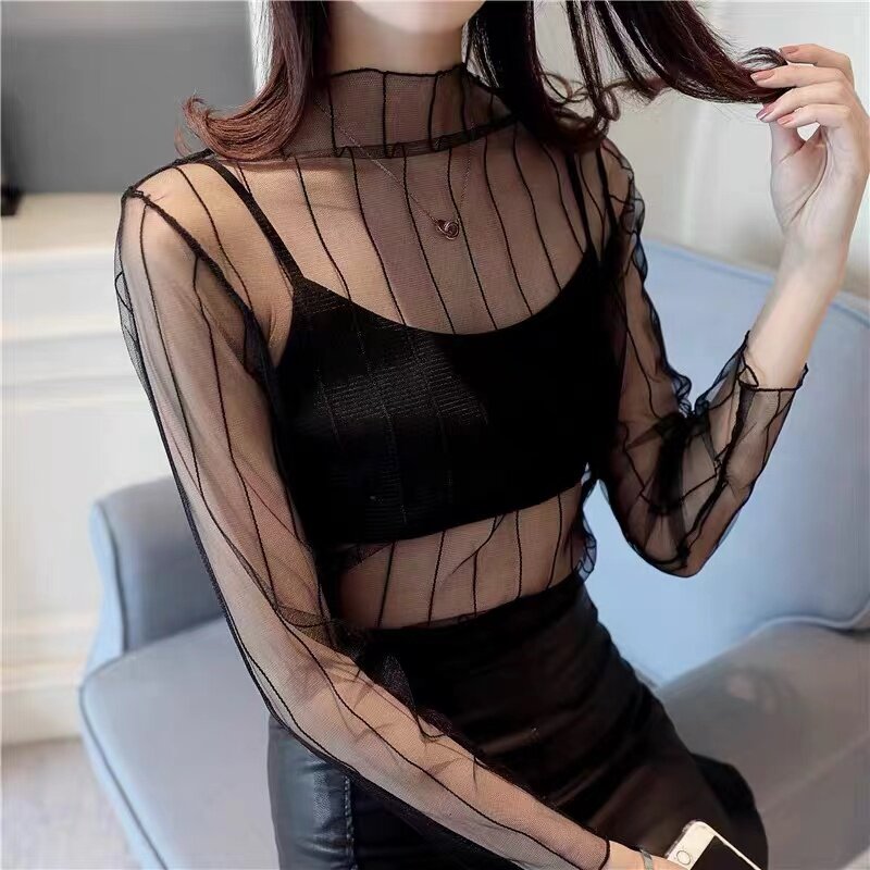 Sexy camiseta listrada preta feminina, transparente de malha tule, ver através de tops, gola alta manga comprida pulôver feminino Clubwear T