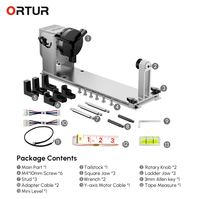 ORTUR (YRC1.0) 레이저 조각기 Y축 회전 척, 360 회전 180, 수평 플립 앵글 베이스, 원통형 물체 조각용