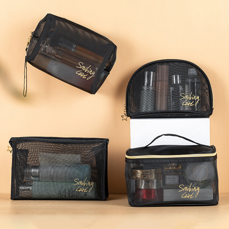 Bolsa de cosméticos de malla negra con cremallera para oficina, bolsas de almacenamiento de viaje, bolsas de aseo, bolsa de maquillaje