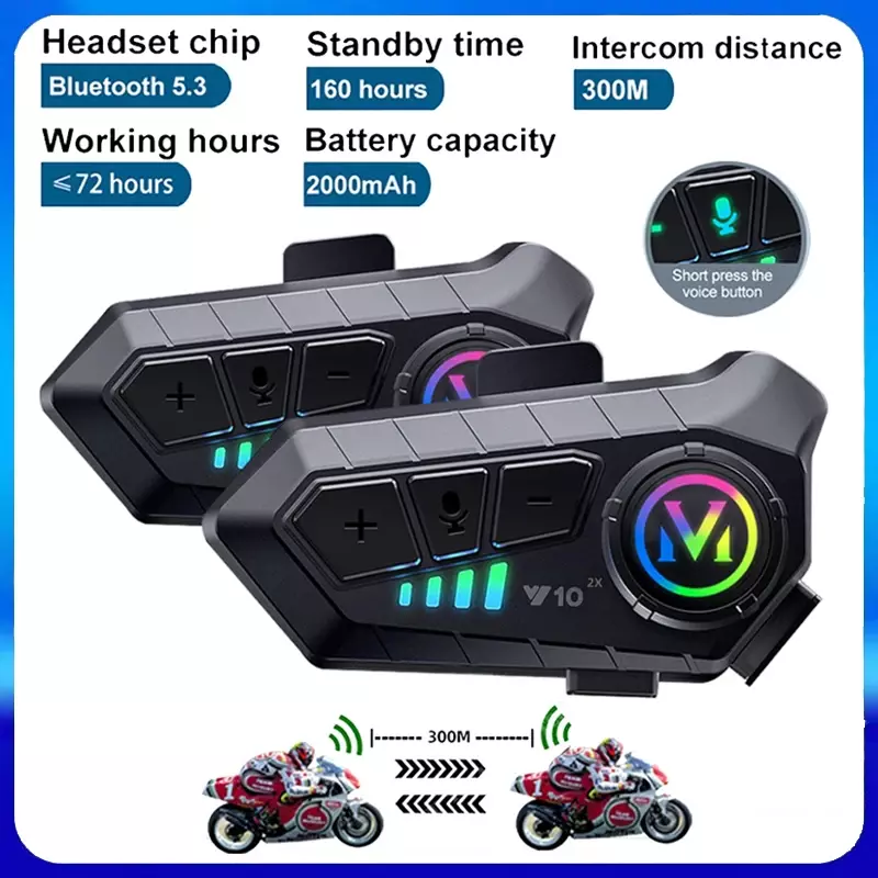 Y10 Bluetooth Motorcycle Helmet Intercom 300M Wireless Intercomunicador 2000Mah Moto Walkie Talkie With Soft Hard Mic