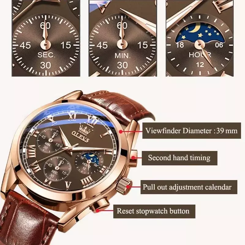 OLEVS-Relógio Quartzo de Luxo Masculino, Marca Top, Fase da Lua, Impermeável, Cronógrafo, Relógios de Pulso Masculino, Moda