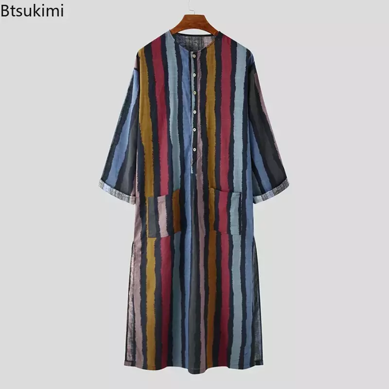 Mannen Nachtjapon Gewaden Arabische Gestreepte Shirt Etnische Kleding Lange Mouwen Retro Kimono Huis Rok Katoen Badjas Lingerie S-5XL