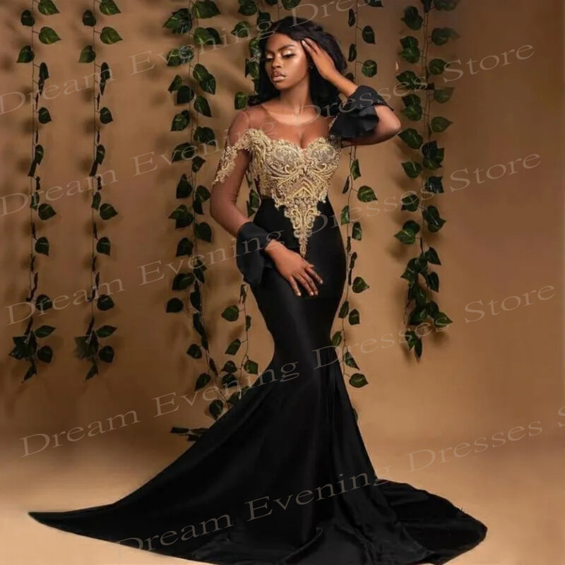 Sexy Black Mermaid Charming Evening Dresses Simple Classic O-Neck Long Sleeve Prom Gowns Lace Appliques Stain Vestidos De Fiesta