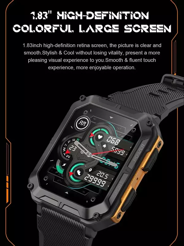Relógio Inteligente Impermeável para Homens, Esporte Smartwatch, IP68, Chamada Bluetooth, 35 Dias de Espera, 123 Modos Esportivos, Tela HD 1.83 ", C20Pro