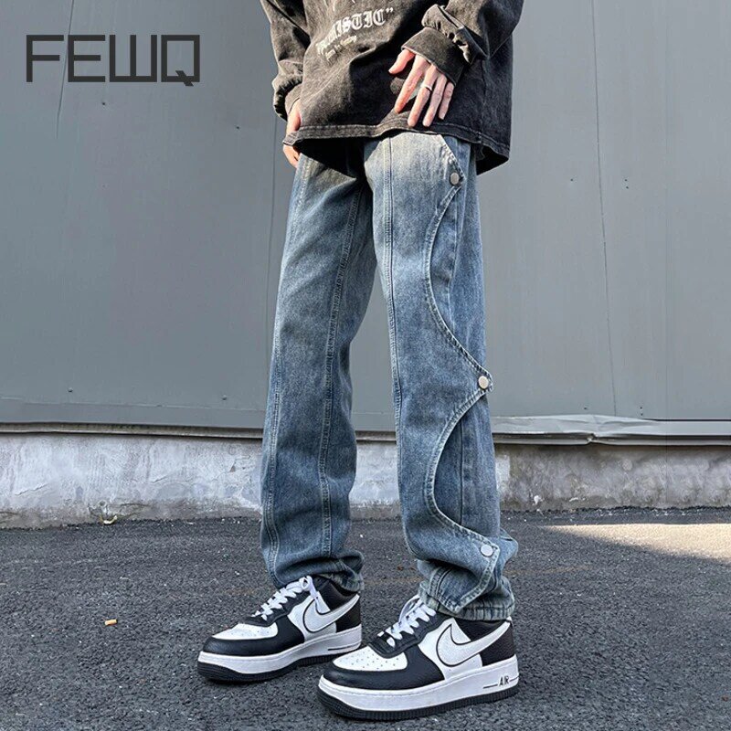 Fewq-メンズ単色ストレートレッグジーンズ、カジュアルパンツ、ボタンパンツ、ハイストリートファッション、夏、新しいトレンド、24x9034、2024