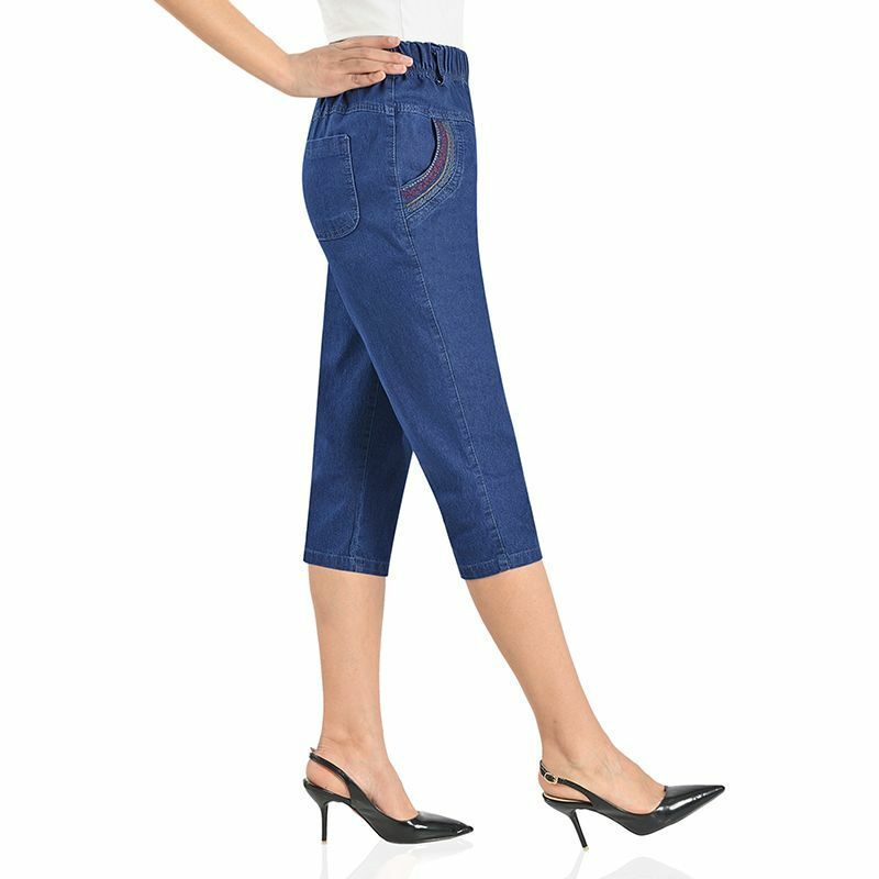 ฤดูร้อนผู้หญิง Mom กางเกงผ้ายีนส์ขายาวกางเกงยีนส์สตรีกระโปรงสูงเอว Casual เย็บปักถักร้อย Vintage กาง...