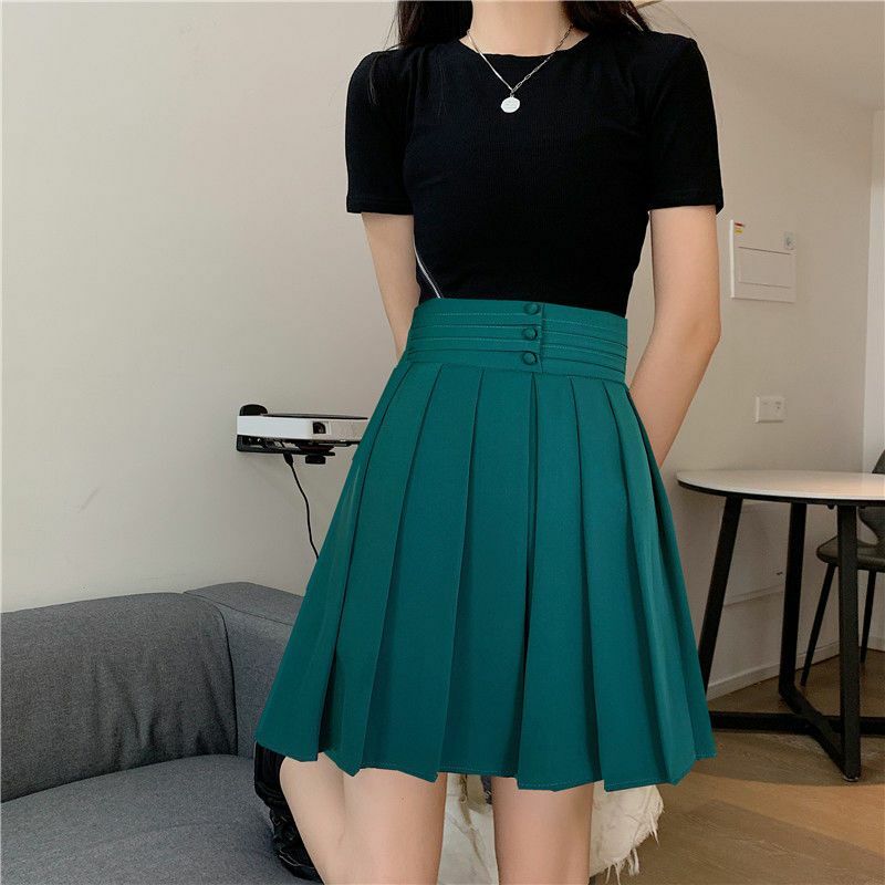 Spring Fashion Korean Bag Buttocks A-line Half Skirt Women Solid Elastic High Waist Button Design Versatile Pleated Half Skirts