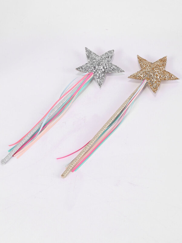 Glitter Leather Brushed Pentagram Stick (Gold and silver) 2 13-inch Princess Angel Fairy Star Wand Girl Fairy Magic Dress Up Sta