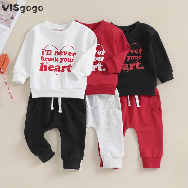 VISgogo-Sudadera de manga larga para niños pequeños, ropa para el Día de San Valentín, con estampado de letras, Tops, pantalones de Color sólido, traje de primavera y otoño, 2 piezas