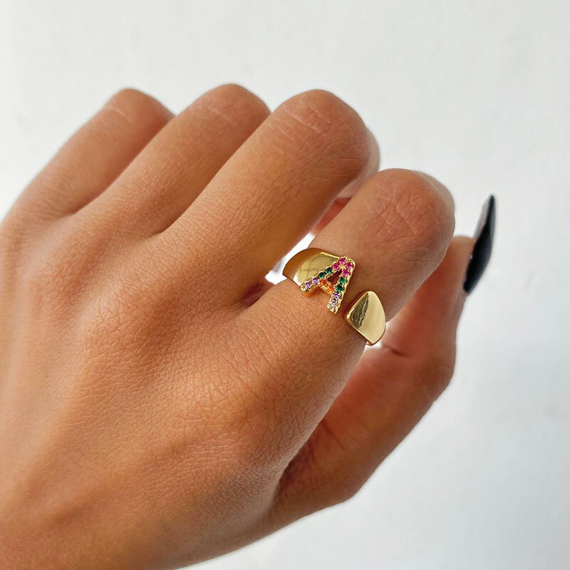 Женские кольца с радужным цирконием и буквенным принтом, модное кольцо из нержавеющей стали с широким массивным A-Z, свадебные ювелирные украшения в стиле бохо, бесплатная доставка