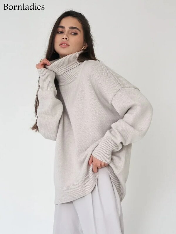 Bornladies-suéter de cuello alto para mujer, Jersey grueso y cálido de gran tamaño, Jersey de punto holgado informal para Otoño e Invierno