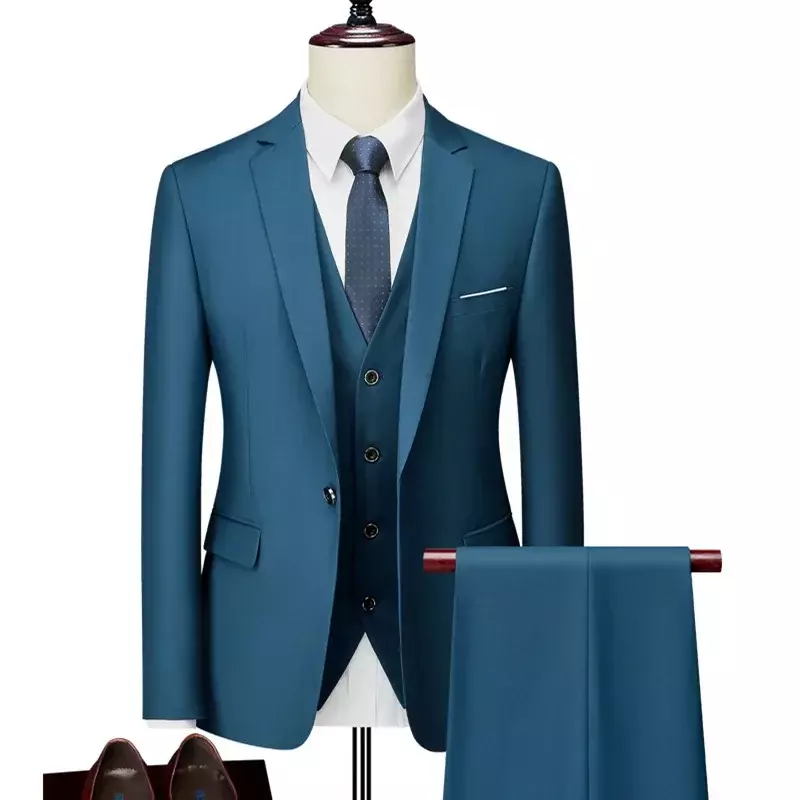 Комплект из трех предметов, Блейзер, куртка, брюки, жилет, мода 2023, новинка, мужское повседневное эксклюзивное деловое облегающее платье, деловое пальто, брюки