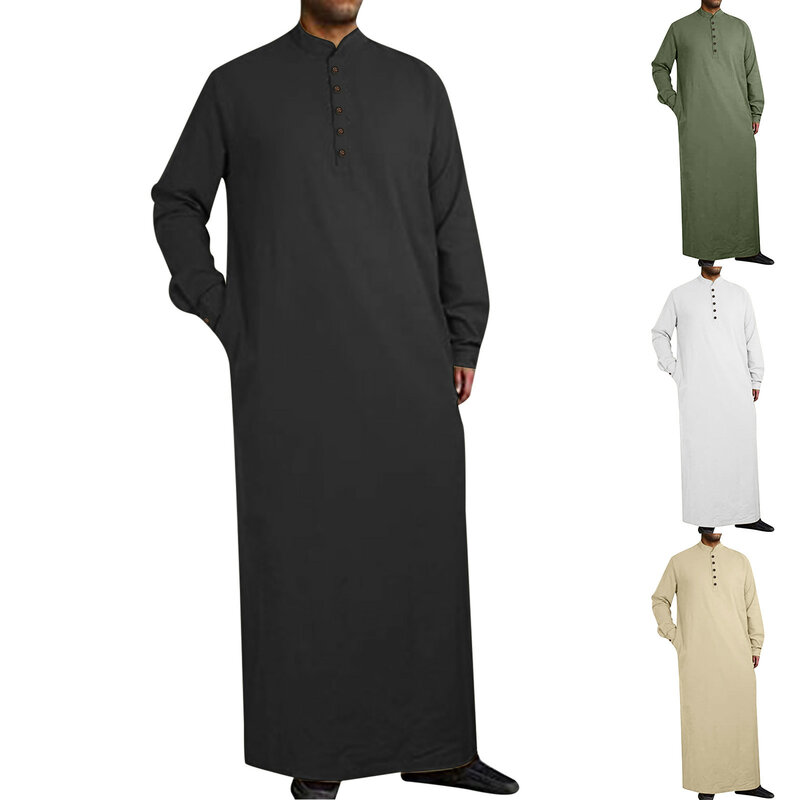Mens Middle Arabic Style Simple Long Mens Button Muslim Robe Long Sleeve Robe Side Slit Robe Button Pocket Robe