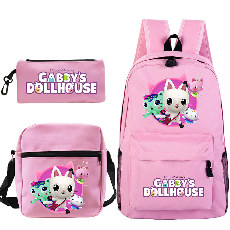 Children Gabby's Dollhouse Print Backpack 3pcs Set Kids Pink Kindergarten Bag Girls Lightweight Schoolbag Large Capacity Bookbag