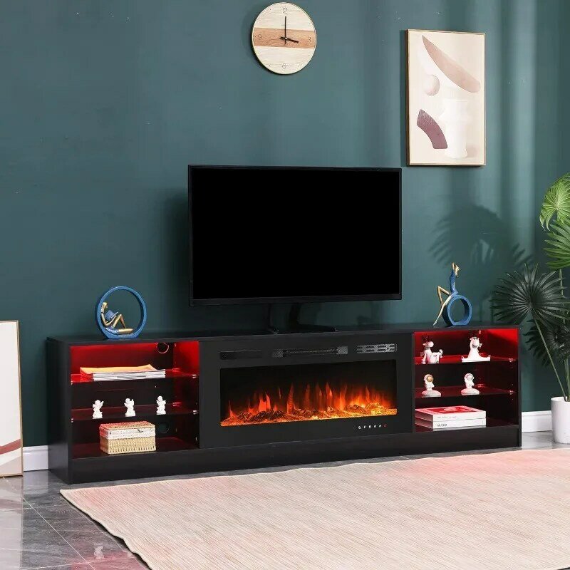 79" Fireplace TV Stand with 40" Electric Fireplace, TV Console for TVs up to 90", Entertainment Center with Adjustable Glass