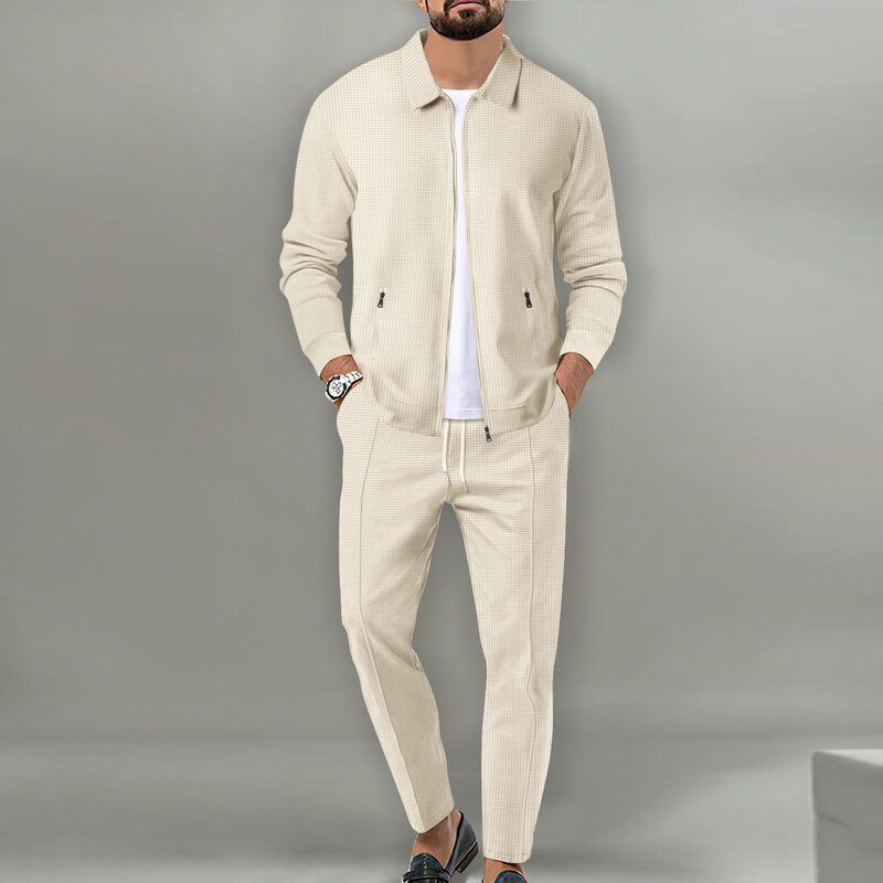 Terno casual de manga comprida e calça masculina, cor sólida elegante, alta qualidade