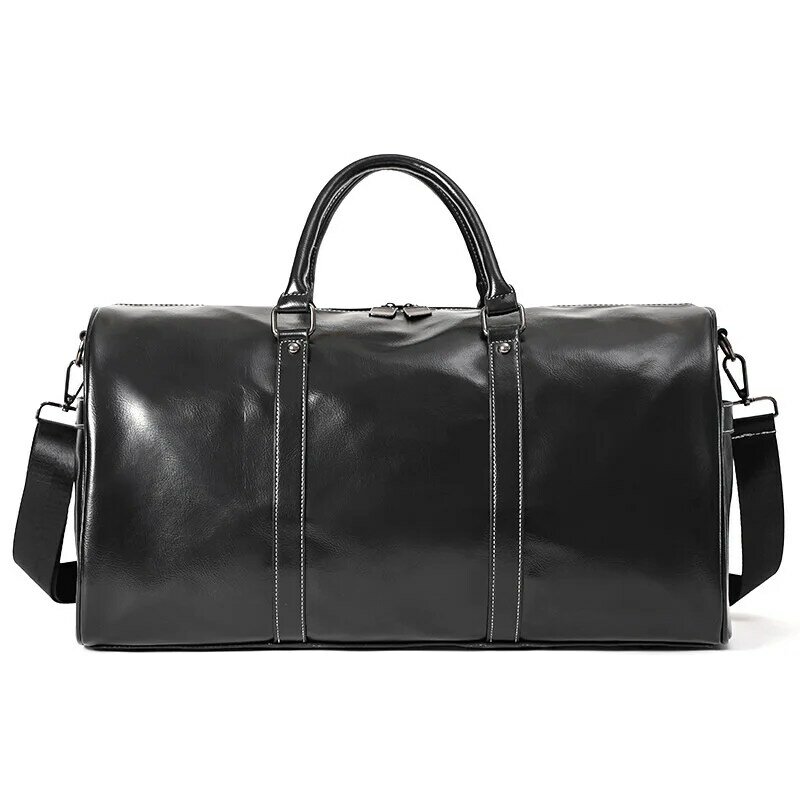 Bolso de mano de cuero PU para hombre, bolsa de viaje de gran capacidad, bolso de hombro informal, bolsa de equipaje portátil, Todo negro