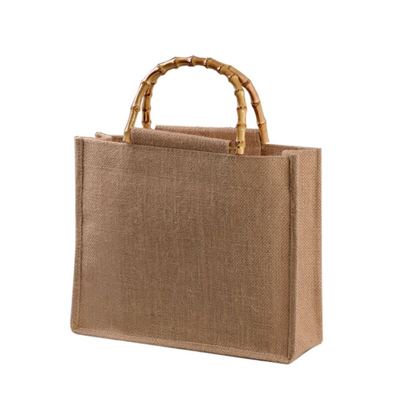 Portable Burlap Jute Shopping Bag Handbag Bamboo Loop Handles Reusable Tote Grocery Bags