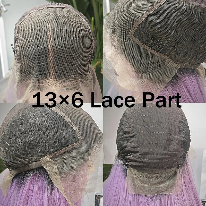 WIF Ombre Ash Purple 13×6 Lace Part Synthetic Wig Straight Hair Black Root Purple Color Lace Front Wigs Makeup Cosplay Use Hair