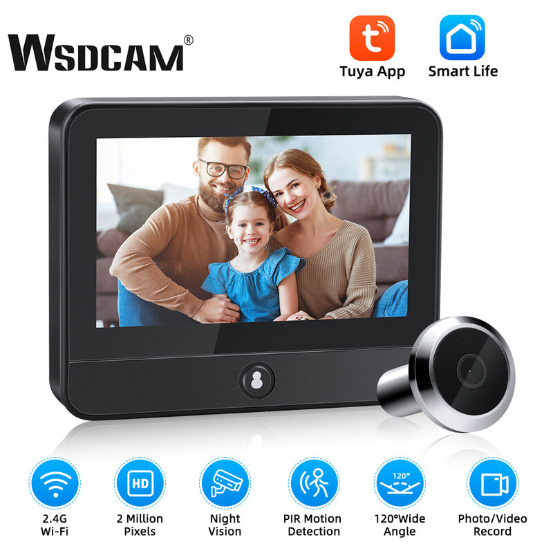 WSDCAM kamera bel pintu 1080P Tuya, kamera PIR deteksi gerak bel pintu Wifi penglihatan malam pengintai Monitor 4.3 inci