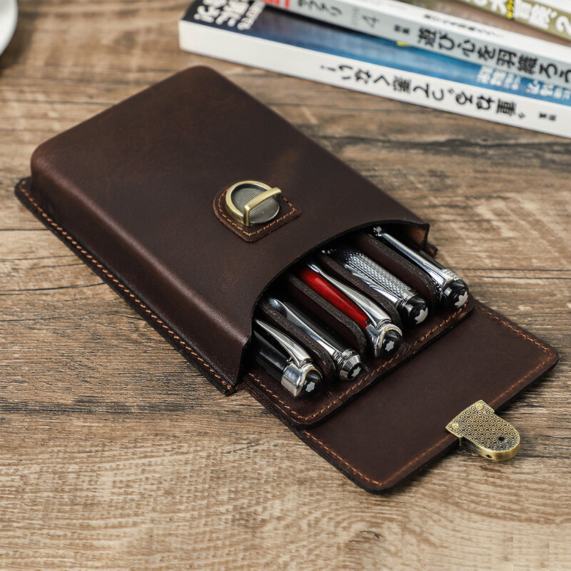 Handmade Cowhide Pens Case Box with Remove Pen Tray Portable Pen Holder Office School Pencilcase Pouch Supplies Stationery