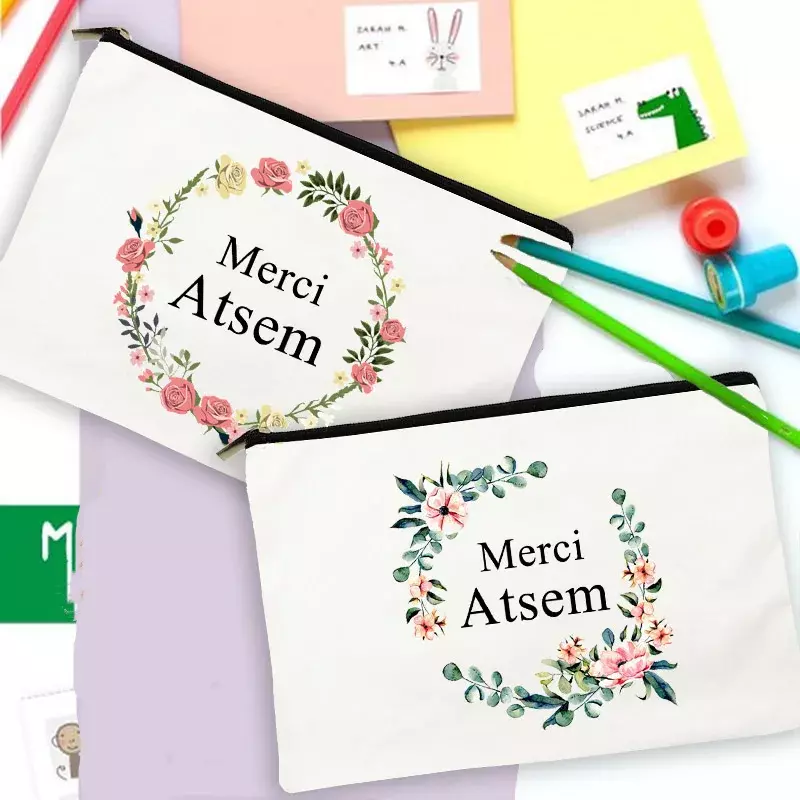 ที่ดีที่สุด Atsem ของขวัญ Merci Atsem ภาษาฝรั่งเศสคำพิมพ์ดินสอโรงเรียนเครื่องเขียนกระเป๋าเก็บอุปกรณ์อาบน้ำท่องเที่ยวแต่งหน้ากระเป๋า