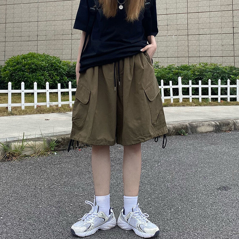 Rimocy-shorts de carga para mulheres, harajuku bf, perna larga, bolsos, calças curtas largas, streetwear feminino, verão, 2021