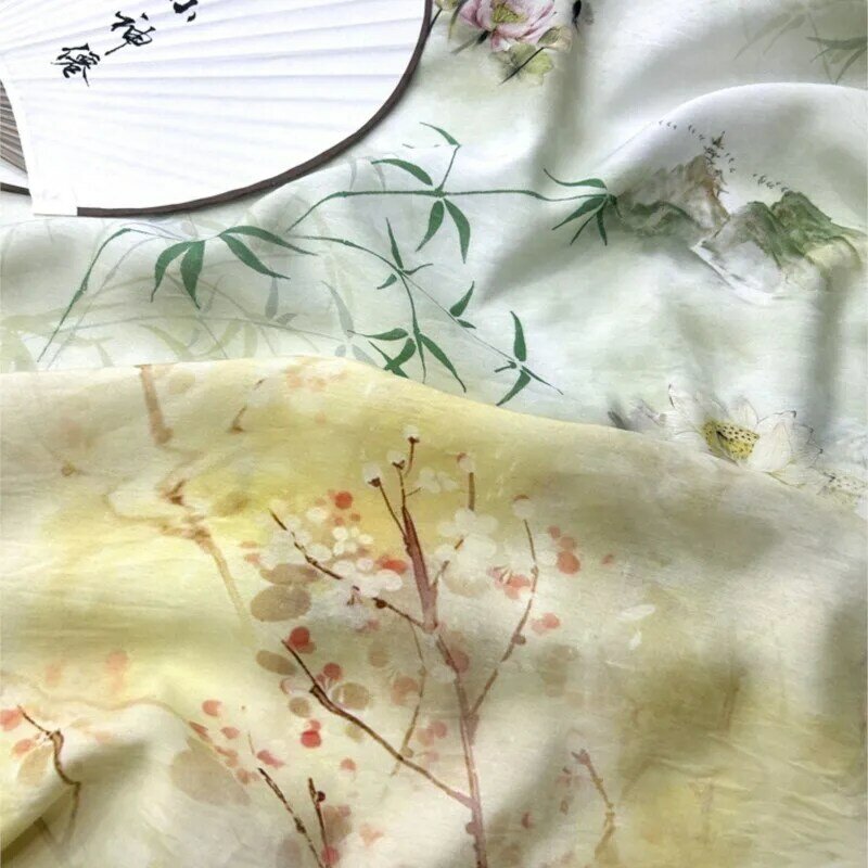 Summer  Linen New Chinese Style Coat and Dress Fabric Plum Blossoms in the Snow Figure National Cheongsam Shirt