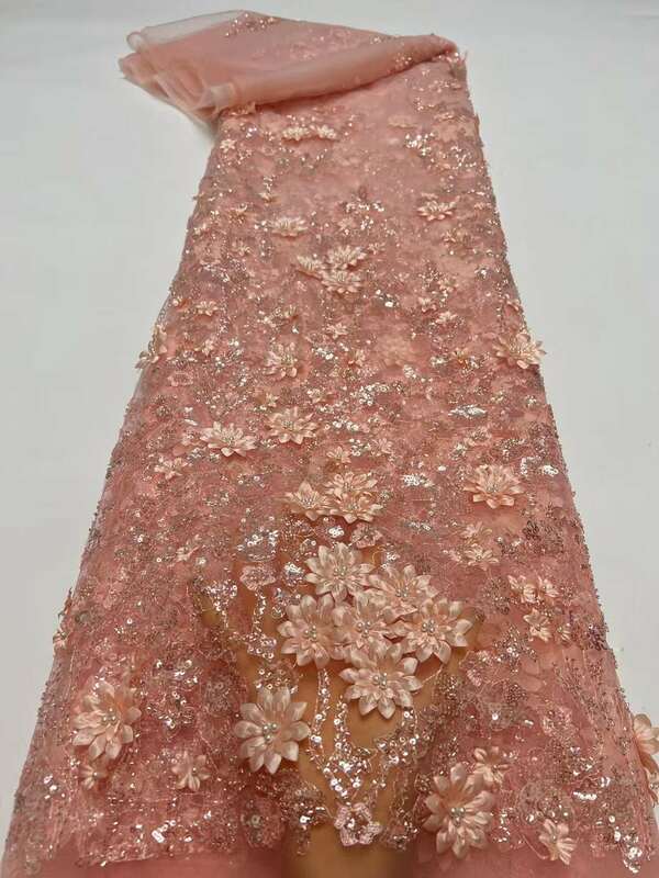 Ultime perline da ricamo in tessuto di pizzo fiore africano 3D 2024 tessuto di pizzo a rete con paillettes di alta qualità pizzo di Tulle nigeriano per il vestito