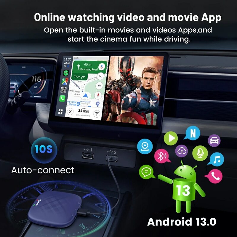 Carlinkit-Android CarPlay Ai TV Box Plus, Android 13, 8 + 128 Go, QCM 8-Core, 665, 6125, Sans fil, CarPlay, Auto, Youtube, Netflix, Permanence 4G