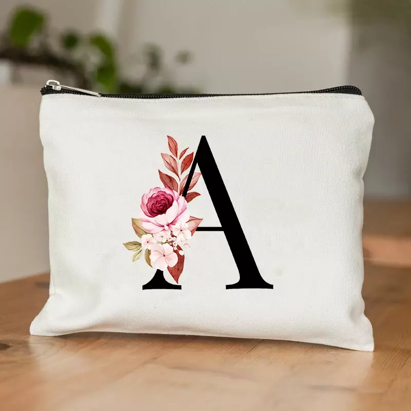 Bolsa de almacenamiento de cosméticos con alfabeto de A-Z, bolsa de aseo con estampado de flores para profesores, iniciales de graduación, regalos de boda para damas de honor