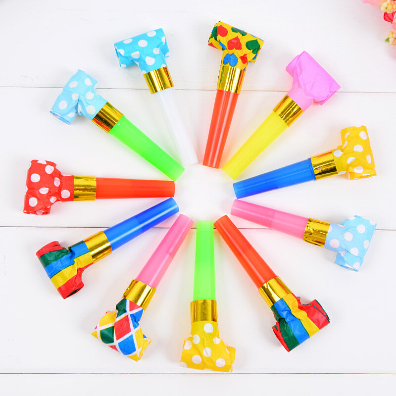 10 sztuk/zestaw wielokolorowych trąbki imprezowe gwizdków dla dzieci upominki na przyjęcie urodzinowe materiały dekoracyjne Noice Maker zabawki torebki na łakocie Pinata