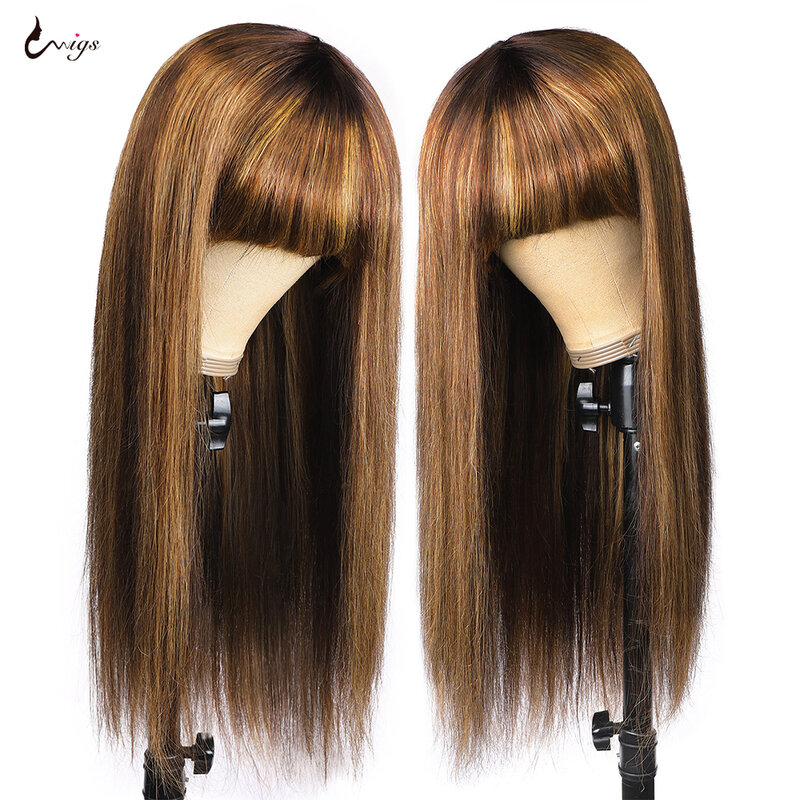 Uwigs Highlight Wig Human Hair Wigs With Bangs Bone Straight Human Hair Wig Full Machine Wigs Ginger Orange 250 Density Lace Wig