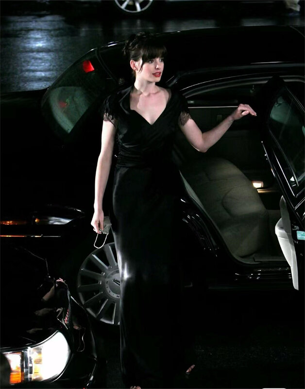 Anne Hathaway 매칭 리틀 블랙 원피스, 심플한 레이스 반팔, 격식 있는 날, 저녁 원피스 바닥 길이 맞춤 천 세미정장