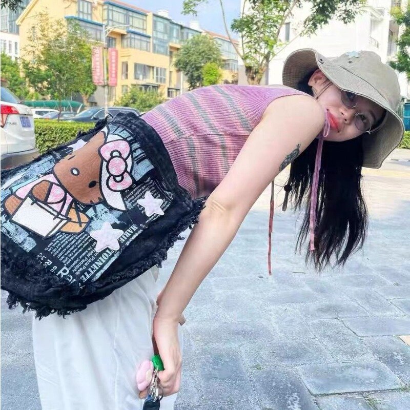 MBTI Y2k tas bahu Hello Kitty wanita, tas kurir mode Harajuku bordir Denim, tas tangan desainer asli Vintage untuk wanita
